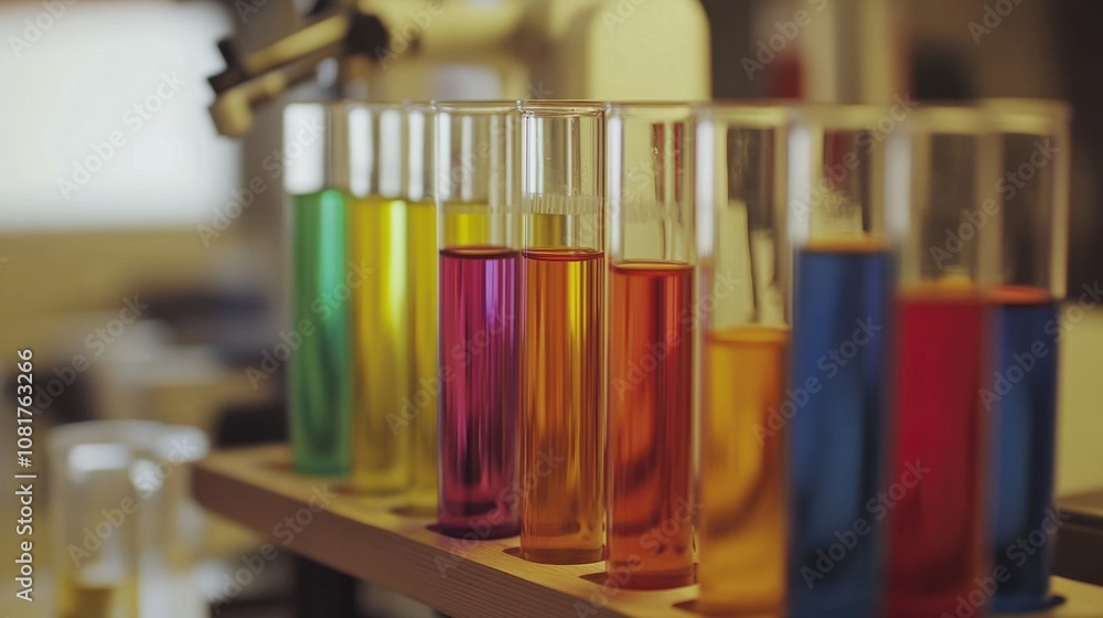 Poster close-up of lab tools and colorful chemicals in test tubes, representing science and discovery