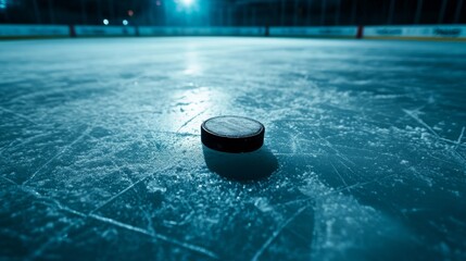A hockey puck on ice with skate marks, indoor setting under arena lights, Dynamic style