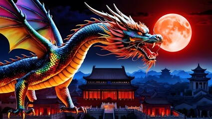 Obraz premium Dragon roaring under full moon ancient city fantasy art nighttime dramatic view mythical imagery