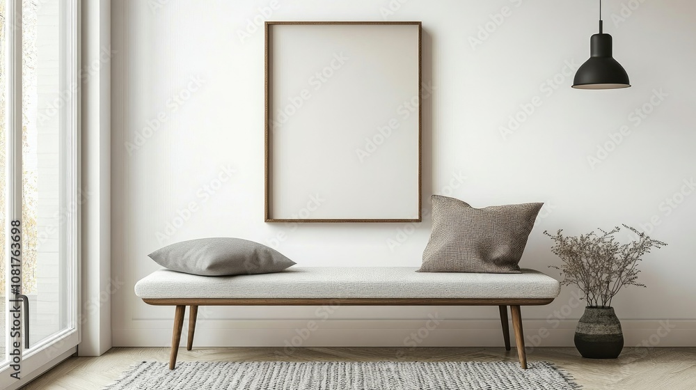 Poster blank wall frame above a simple bench in a scandinavian-style room