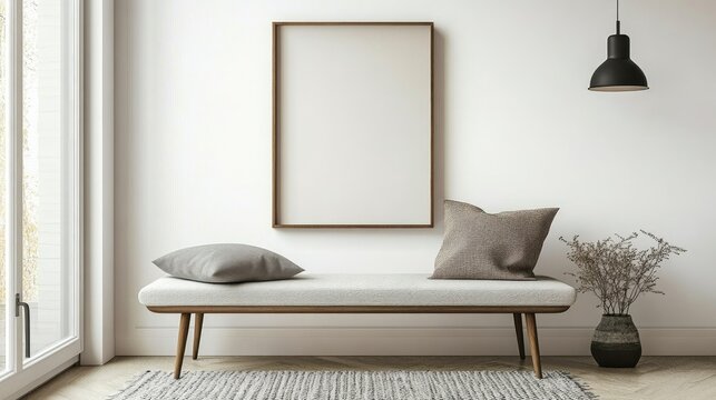 Blank wall frame above a simple bench in a Scandinavian-style room