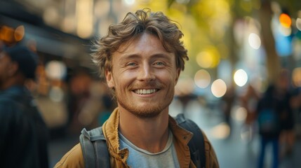 Naklejka premium A man with a backpack smiling in the middle of people. AI.