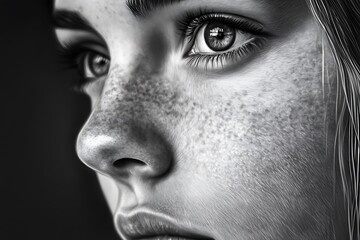 Naklejka premium Close-up of a Woman's Face with Freckles and a Focused Gaze