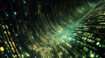 Abstract wave of binary code flowing through space