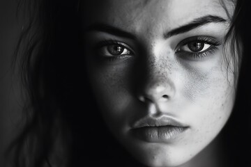 Close-up Black and White Portrait of a Young Woman with Freckles and Soft Lighting