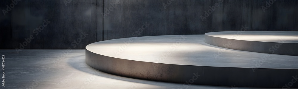 Poster 64. a smooth concrete podium, under soft overhead lighting, creating ample space for product placeme