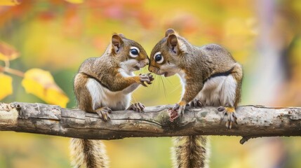 Obraz premium Two squirrels facing each other on a branch. AI.