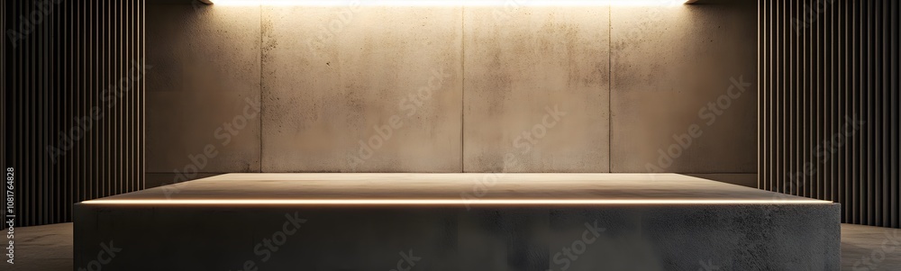 Poster 64. a smooth concrete podium, under soft overhead lighting, creating ample space for product placeme