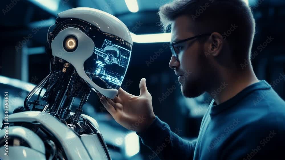 Poster a man engaging in conversation with advanced robotic technology and machine learning innovations
