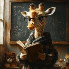 A giraffe wearing glasses and a sweater, holding a book in front of a blackboard.