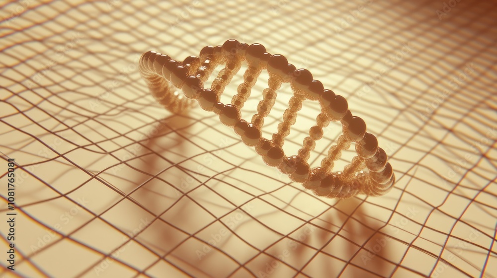 Poster high-tech dna model floating on digital grid background, symbolizing cutting-edge science
