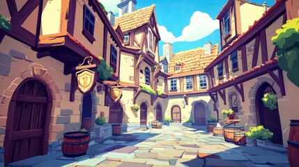 A cobblestone alleyway in a medieval village with timber framed buildings
