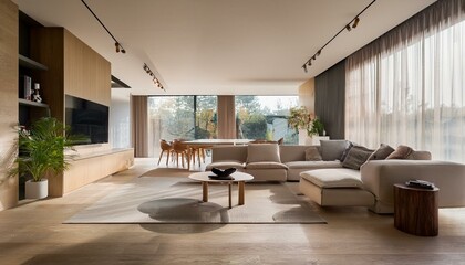 Fototapeta premium Sleek and Stylish: Modern Living Room with Contemporary Furnishings and Wooden Accents in 3D