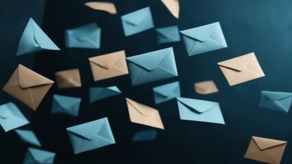 Envelopes of various sizes and shapes floating in dark background with dreamy 3D effect, conveying excitement and anticipation.