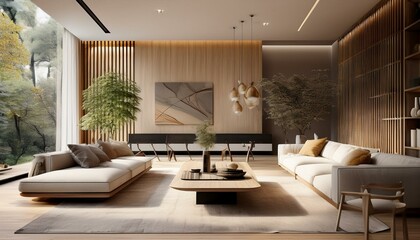 Fototapeta premium Sleek and Stylish: Modern Living Room with Contemporary Furnishings and Wooden Accents in 3D