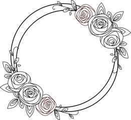 Floral patterned frame with floral elements, twigs and leaves. Hand drawn vector illustration in line art style for wedding invitations, cards and more.