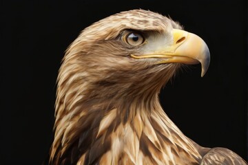 Golden-brown eagle close-up with piercing gaze, wings spread in dramatic portrait on black background.