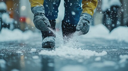 A city worker wearing gloves spreads salt on a slippery, icy sidewalk during winter, helping prevent accidents and ensuring