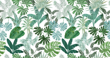Seamless pattern leaf graphics variety of types on colorfur tone marble texture with tropical leaves used for decorative design.	
