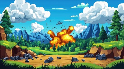 Explosion in a Forest Landscape with a Helicopter Flying Above