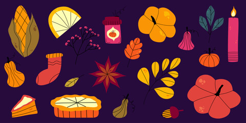 Thanksgiving autumn hygge set with pumpkin, leaf and coffee. Flat doodle elements for autumn thanksgiving design