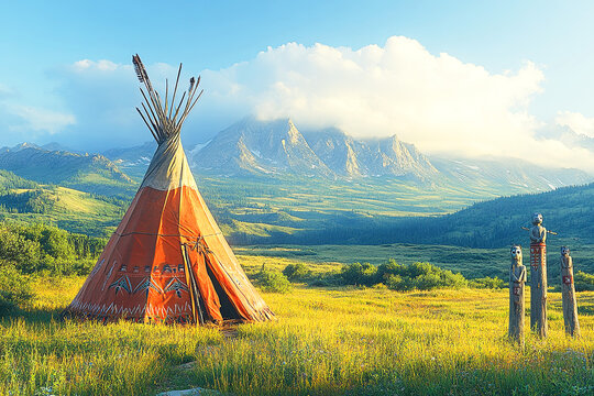 A beautiful, sweeping landscape. Native American cultures. Teepees, totem poles, traditional Native American. Native American Heritage Day