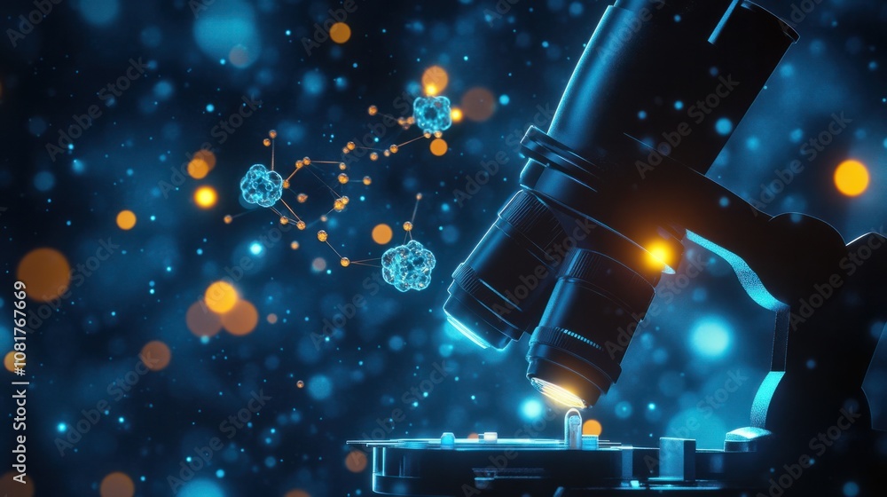 Aufkleber microscope with glowing molecular structures in the background, representing biochemistry