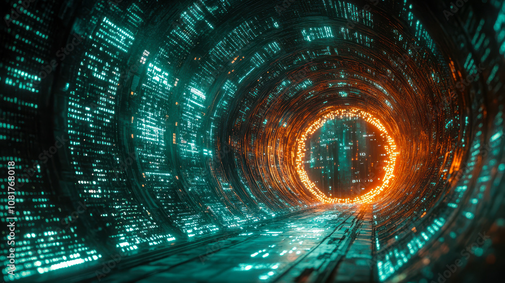 Poster futuristic matrix tunnel with flowing binary code through luminous circular gateway