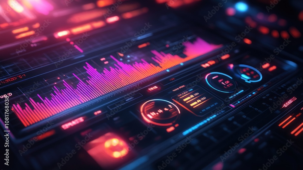 Poster futuristic digital interface with glowing pink and blue graphs, lines, and data visualizations on a 