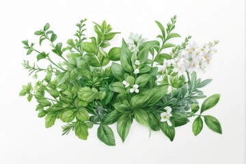 Obraz premium Elegant digital illustration of fresh herbs overlapping with glossy green leaves and small white flowers on white background.