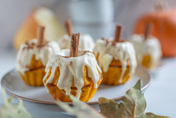 Pumpkin muffins, healthy vegan snack, Thansgiving and autumn dessert