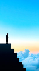 A solitary figure stands atop a staircase, silhouetted against a gradient sky filled with clouds, reflecting themes of ambition and ascent.