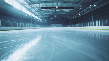 Fototapeta premium A hockey rink with ice surface, indoor setting with cool lighting, Crisp style