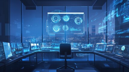 Obraz premium Futuristic office with city view and glowing digital interfaces on screens.