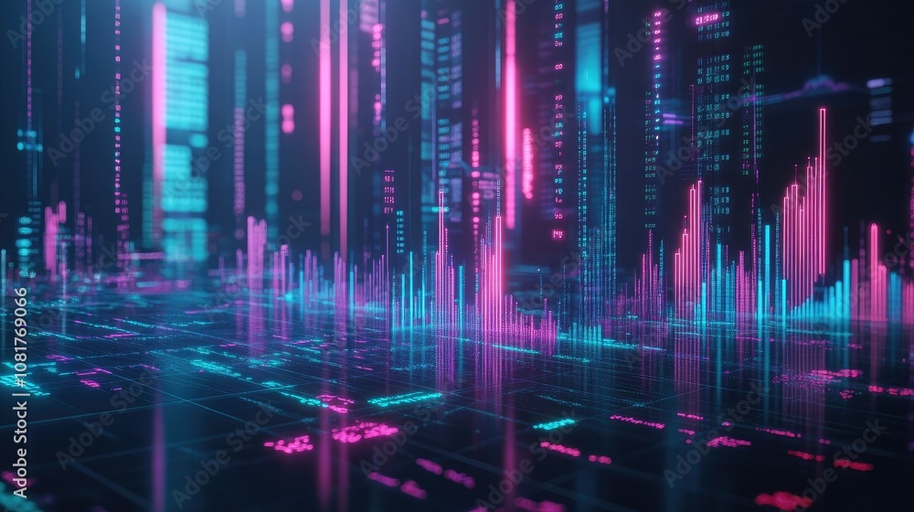 Poster abstract depiction of financial graphs and charts in neon colors