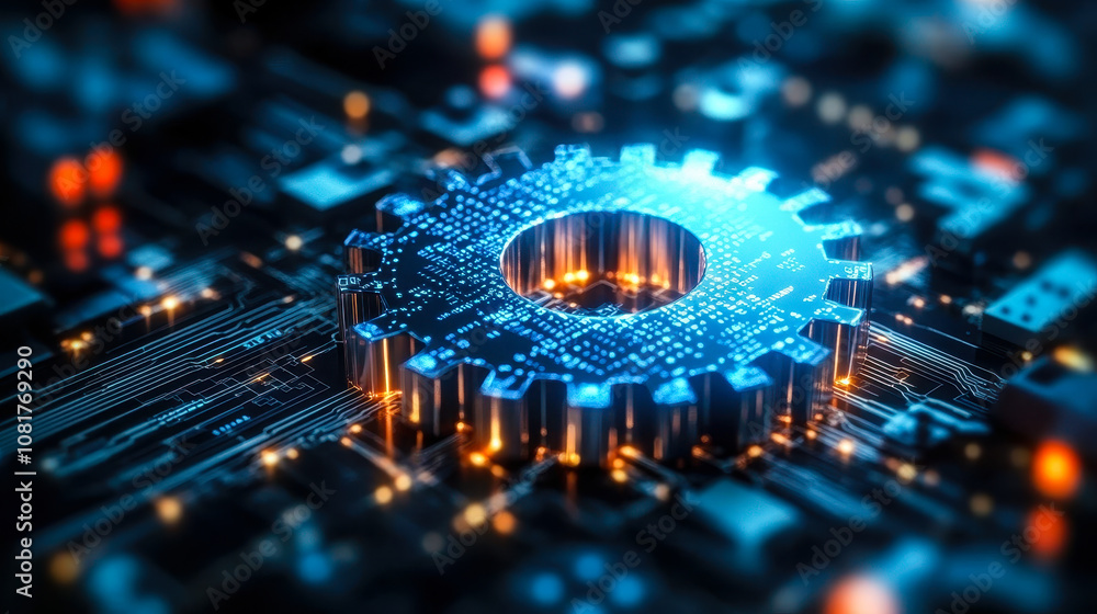 Poster 3d digital gear icon representing ai in system optimization and workflow automation