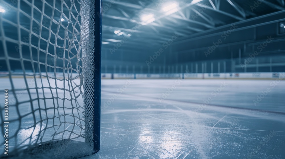 Poster A hockey rink with the ice surface and goal net, indoor setting with cold lighting, Clean style