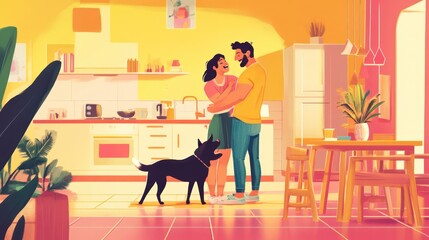 LGBTQ family having a pet day at home, playing with their dog, full of joy and laughter