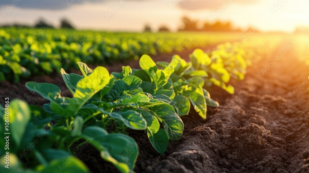 Poster rows of green crops growing in a field at sunset with a shallow depth of field.