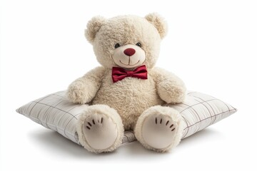 Obraz premium A plush teddy bear with a red bow tie sits