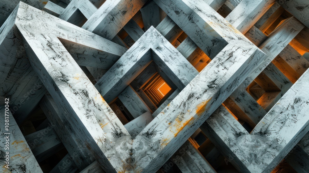 Poster abstract geometric pattern of grey concrete square beams intersecting with an orange glow in the dis
