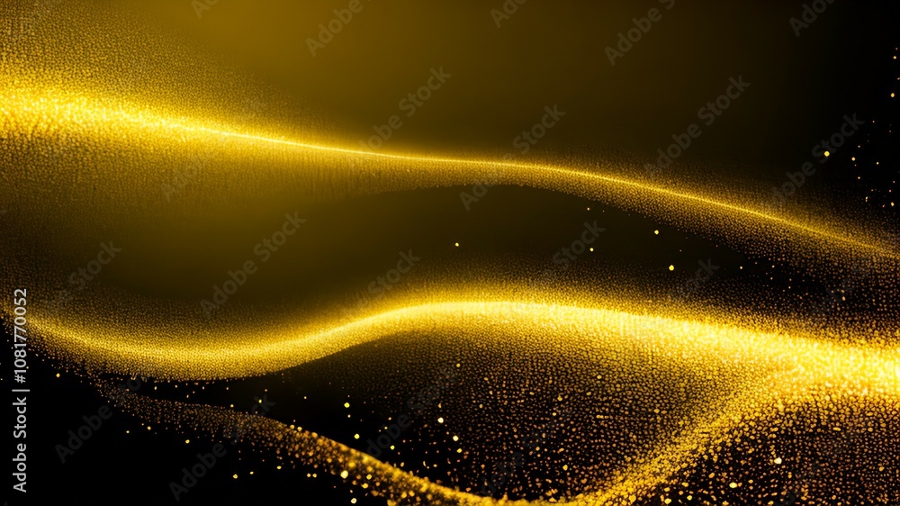 Poster abstract golden waves with sparkling particles on a black background.