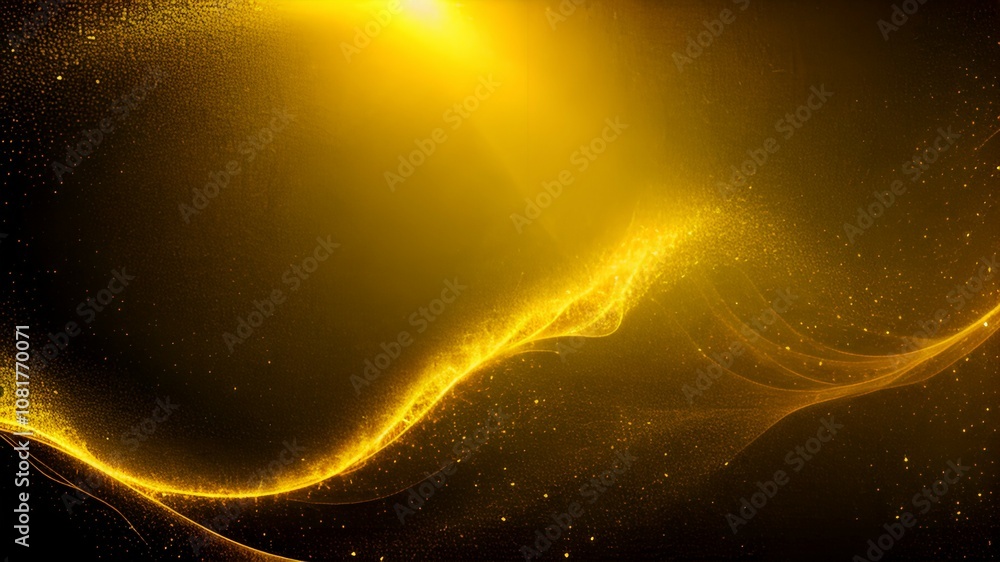 Poster abstract image of glowing golden particles flowing in waves on a black background.