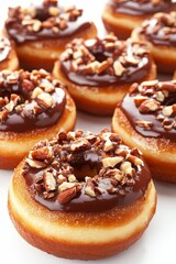 Chocolate glazed donuts with almond topping.