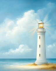 Obraz premium A serene lighthouse stands on a sandy beach, surrounded by ocean waves and a bright blue sky, symbolizing guidance and safety.