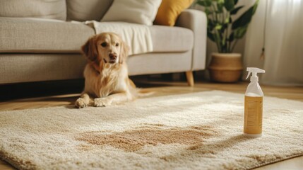 A messy living room scene showing a muddy dog leaving stains on the carpet. A bottle of cleaning solution and a mop sit on the