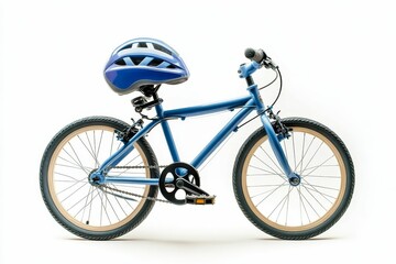 Fototapeta premium A blue bicycle with a helmet on the handlebars.