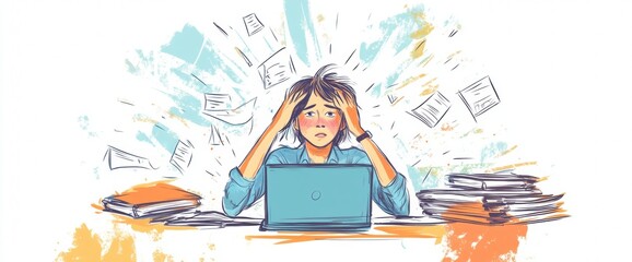 An individual appears stressed while working at a cluttered desk surrounded by piles of documents and papers, focusing on a laptop, illustrating the challenges of modern work life