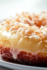 Coconut-topped donut with glaze on white plate.