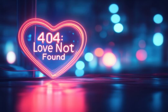 A neon heart-shaped "404: Love Not Found" message flickers against a background of soft pink and blue digital lights, creating a